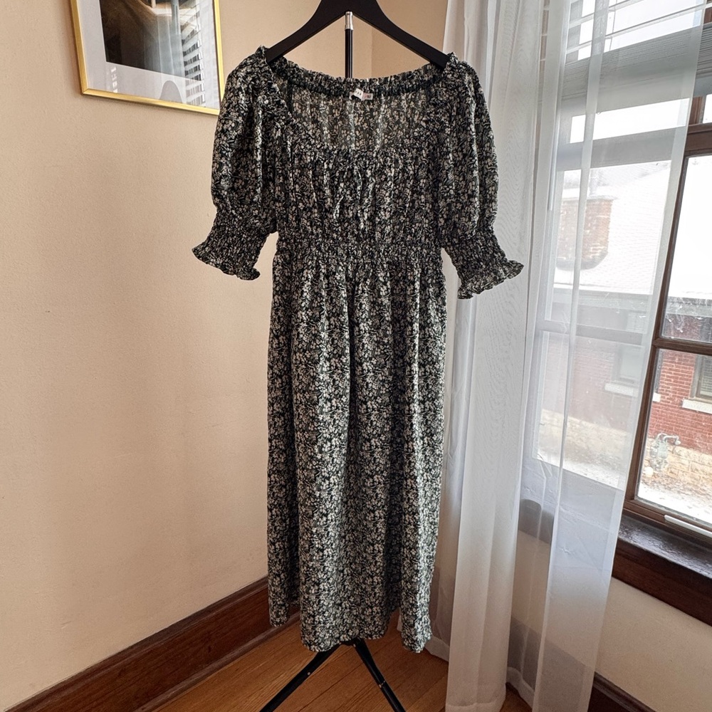 Green and Ivory Floral Smocked Midi Dress